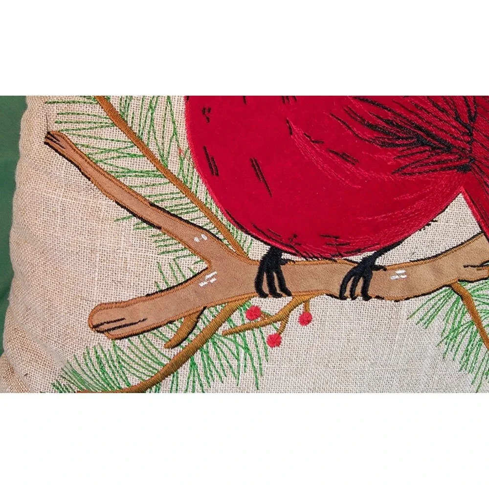 St Nicolas Square Red Cardinal Decorative Embroidered Applique Pillow Burlap 16